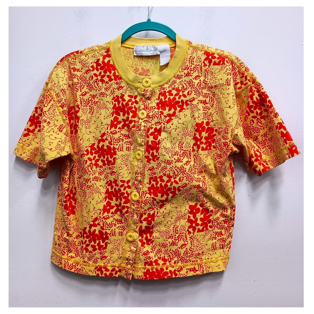 VTG 90s Casual Corner Cardigan Top Womens Medium Yellow Red Floral Short sleeve